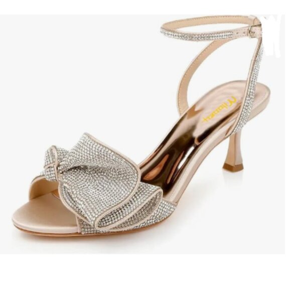Milooey shoes Gold Glitter Rhinestone Bow Crystal Ankle Strap High Heels Sandal - Picture 1 of 8